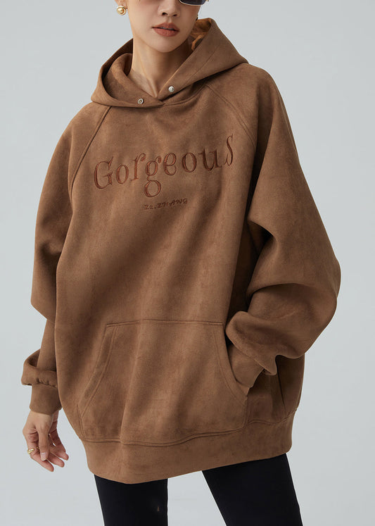 Loose Brown Pockets Patchwork Faux Suede Streetwear Lanter Sleeve