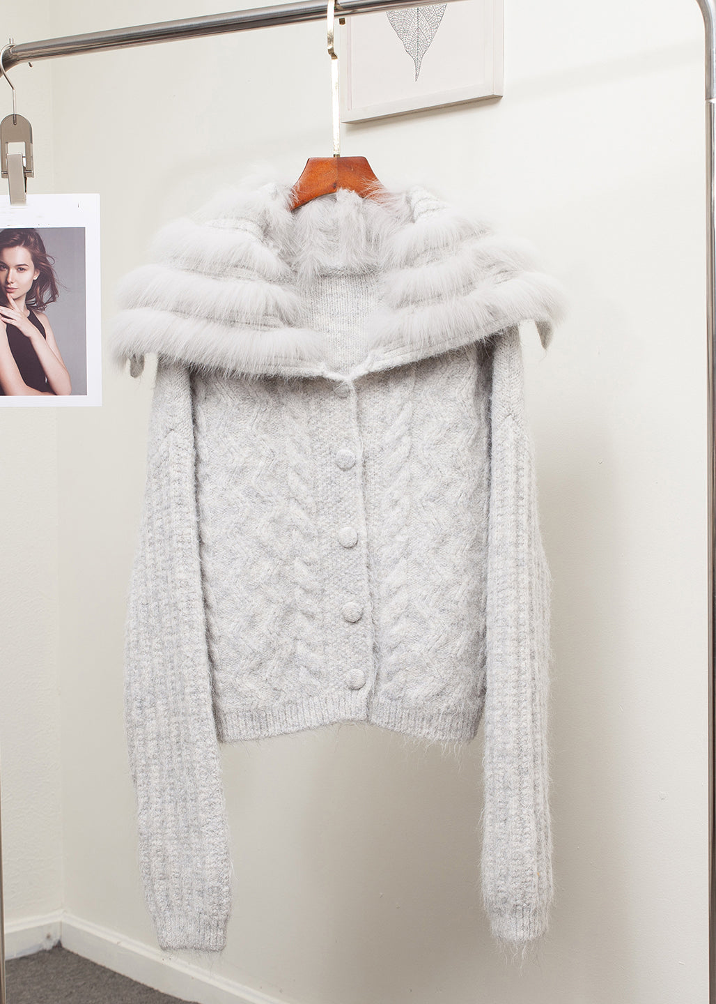 Lockerer brauner Matrosenkragen-Fuchskragen-Patchwork-Zopfstrickmantel Frühling