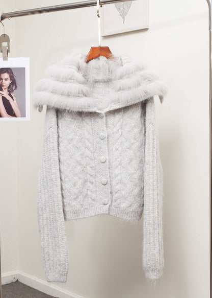 Lockerer brauner Matrosenkragen-Fuchskragen-Patchwork-Zopfstrickmantel Frühling