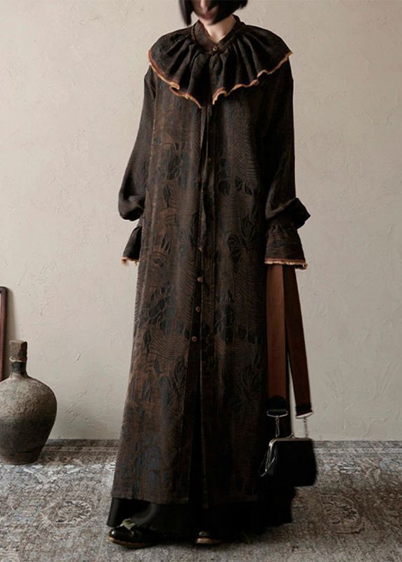 Loose Brown Sailor Collar Print Wear On Both Sides Long Trench Coats Lantern Sleeve