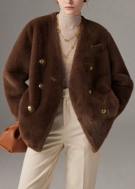 Abrigos holgados de pelo de visón con botones y cuello en V marrón para invierno