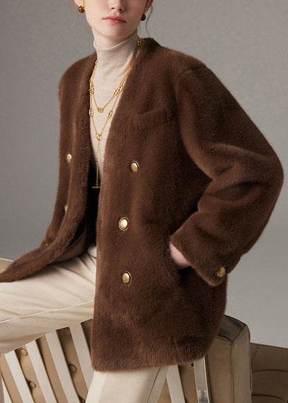 Abrigos holgados de pelo de visón con botones y cuello en V marrón para invierno