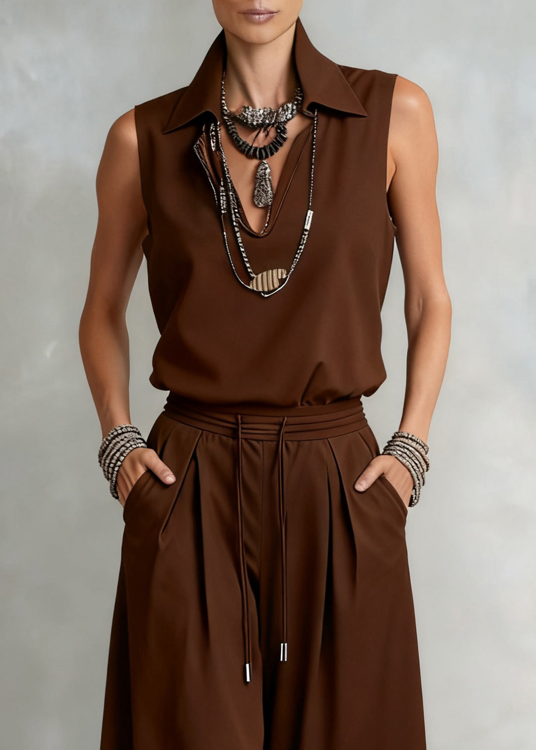 Loose Brown V Neck Elastic Waist Tops And Wide Leg Pants Cotton Two Piece Set Sleeveless