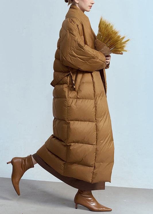 Loose Brown V Neck Pockets Sashes Duck Down Long Coat Winter