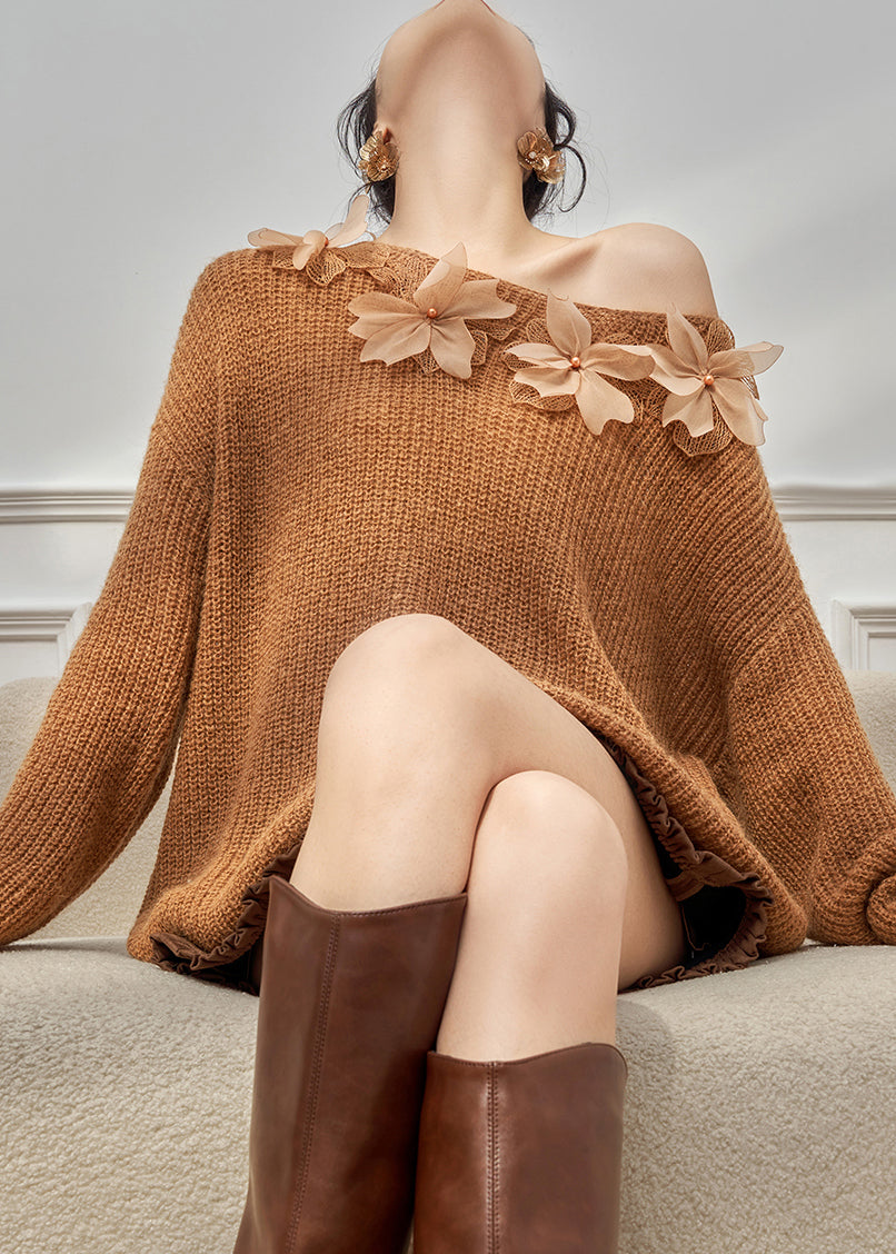 Loose Caramel Floral Cozy Knit Sweater Top Fall