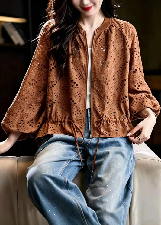 Loose Caramel O-Neck Hollow Out Drawstring Jacket Fall