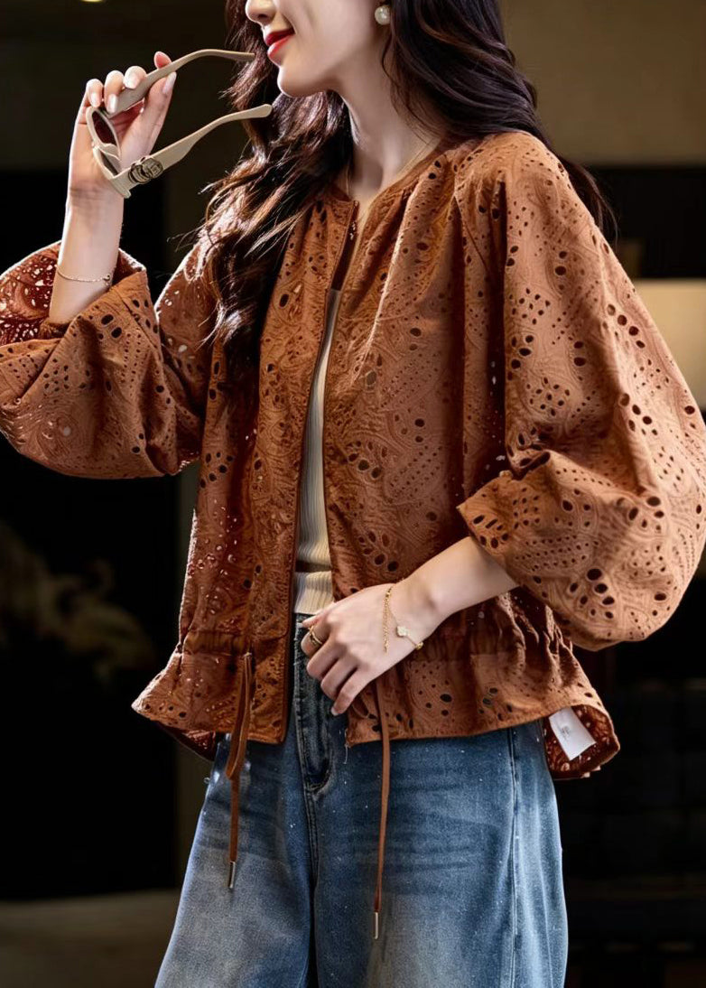 Loose Caramel O-Neck Hollow Out Drawstring Jacket Fall