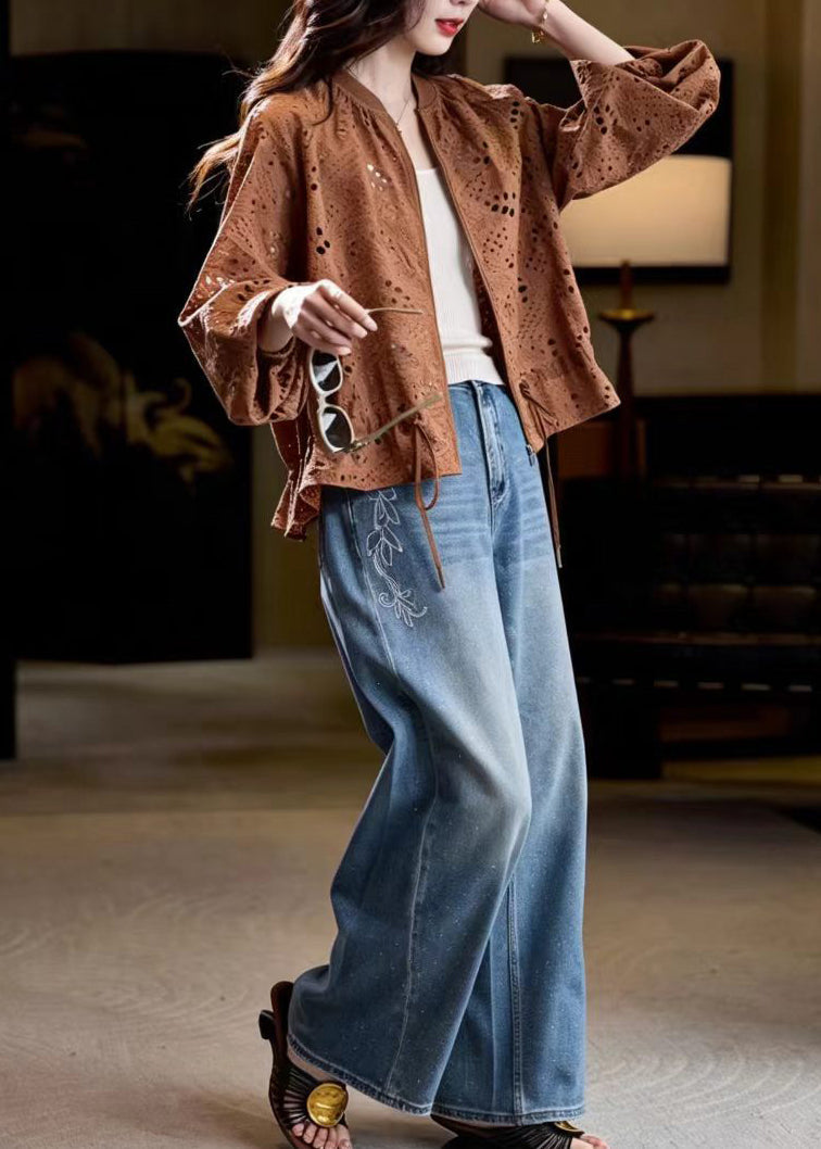 Loose Caramel O-Neck Hollow Out Drawstring Jacket Fall