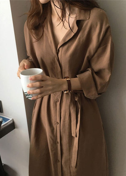 Lose Karamell Peter Pan Kragen binden Taille Baumwolle Hemden Kleider Frühling