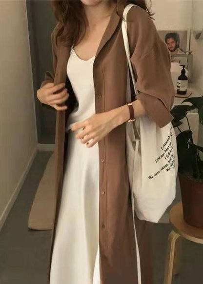 Lose Karamell Peter Pan Kragen binden Taille Baumwolle Hemden Kleider Frühling