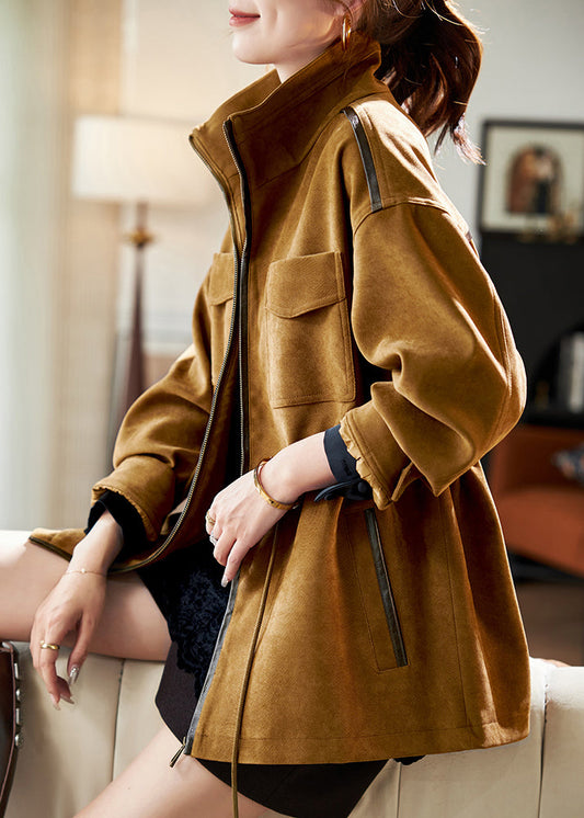 Loose Caramel Stand Collar Drawstring Pockets Cotton Coat Winter