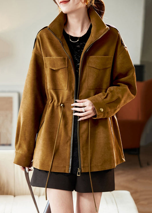 Loose Caramel Stand Collar Drawstring Pockets Cotton Coat Winter