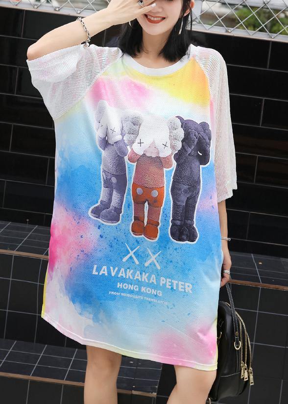 Loose Cartoon print blended tunics for women short sleeve loose summer Dress - SooLinen