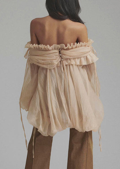 Loose Champagne Color Ruffled Button Lace Up Tulle Shirt Flare Sleeve