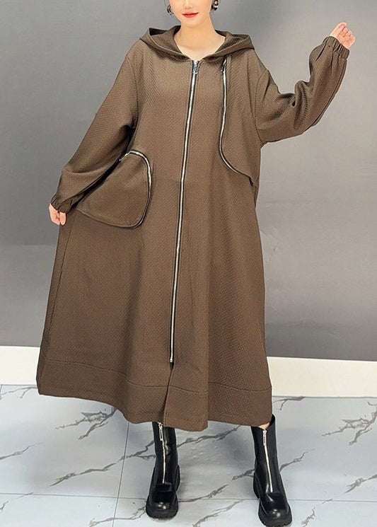 Loose Chocolate Hooded Zippered Pockets Cotton Long Coats Fall