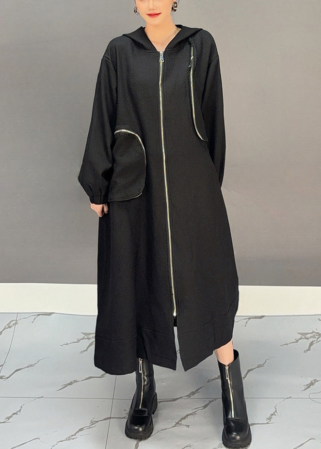 Loose Chocolate Hooded Zippered Pockets Cotton Long Coats Fall