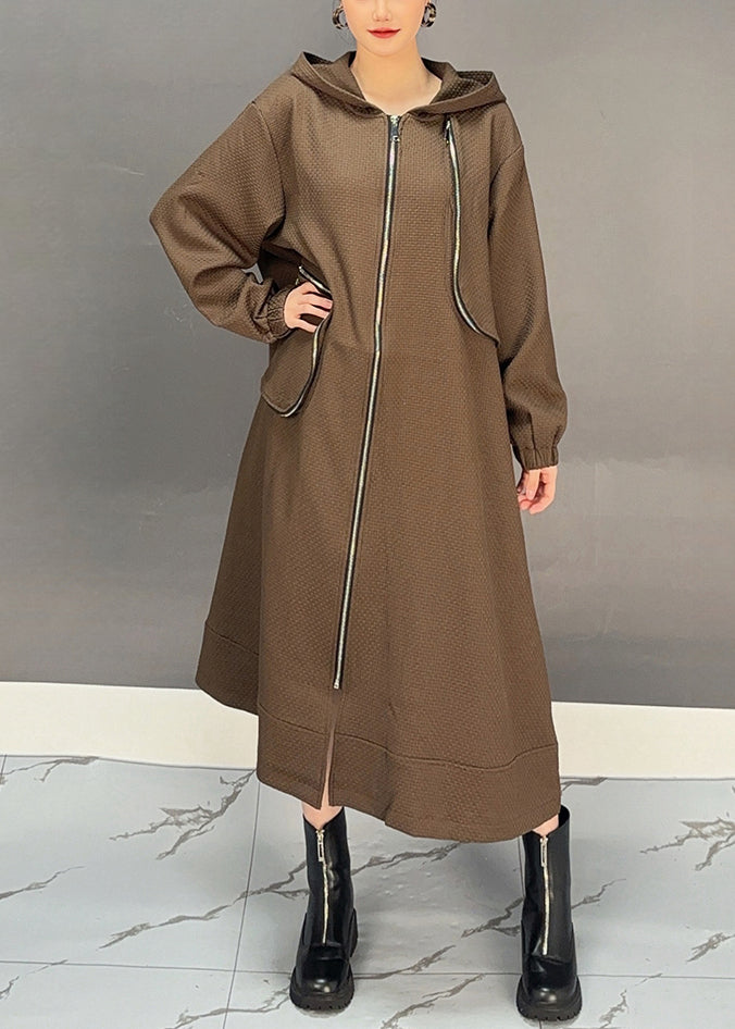 Loose Chocolate Hooded Zippered Pockets Cotton Long Coats Fall