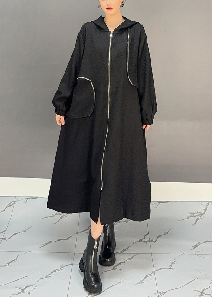 Loose Chocolate Hooded Zippered Pockets Cotton Long Coats Fall
