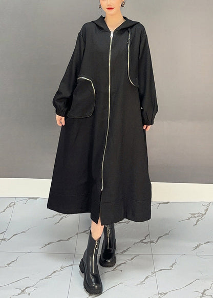 Loose Chocolate Hooded Zippered Pockets Cotton Long Coats Fall