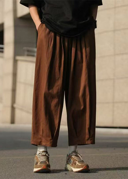 Loose Chocolate Solid Elastic Waist Cotton Mens Crop Pants Summer