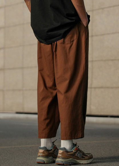 Loose Chocolate Solid Elastic Waist Cotton Mens Crop Pants Summer