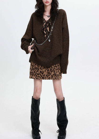 Loose Chocolate V Neck Leopard Knit Sweater Winter