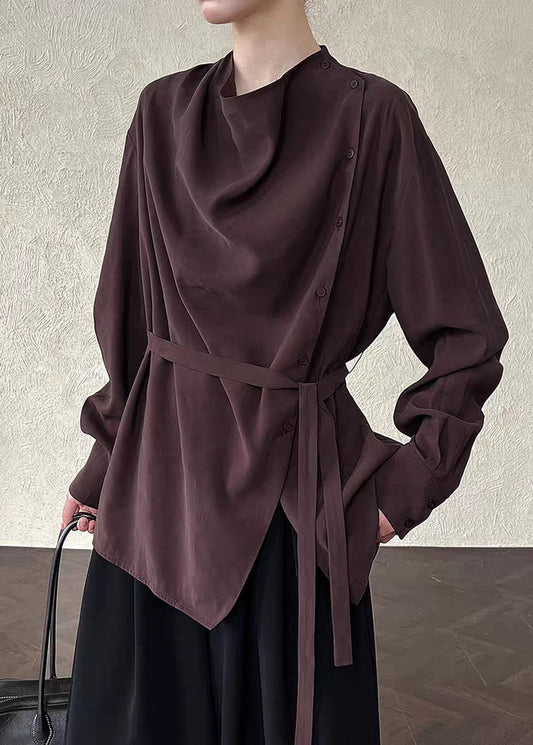 Loose Coffee Asymmetrical Tie Waist Shirt Spring