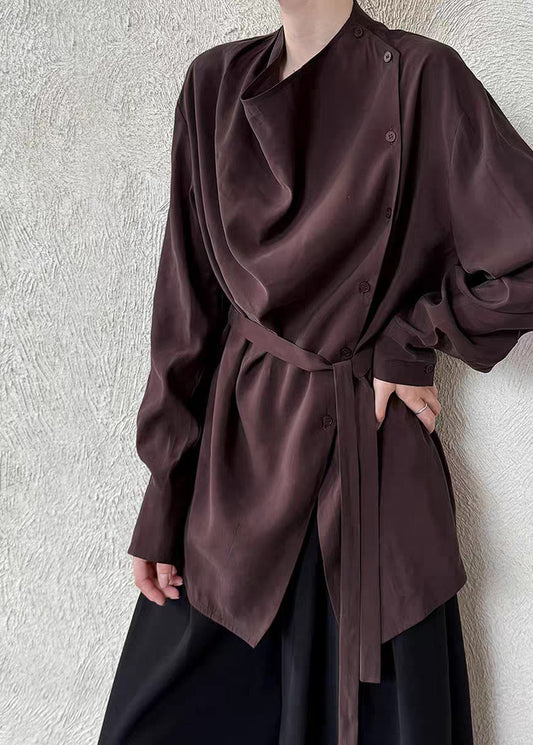 Loose Coffee Asymmetrical Tie Waist Shirt Spring