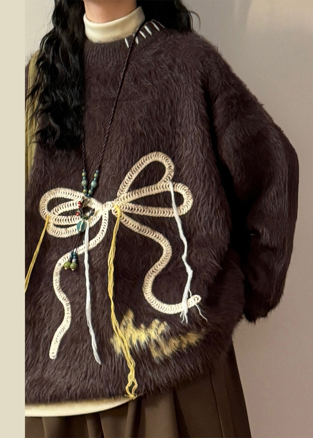 Loose Coffee Bow Thick Mink Hair Knitted Sweater Winter