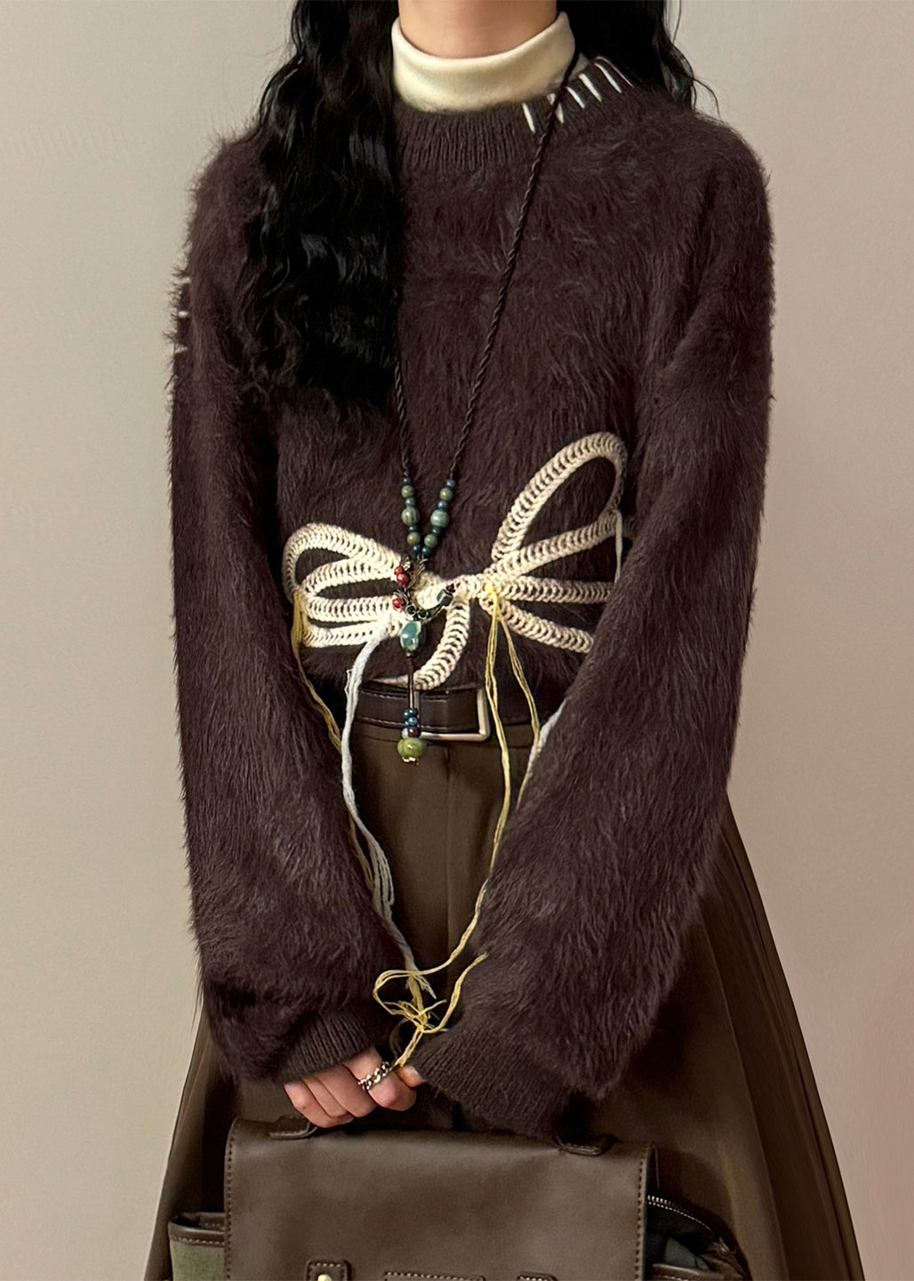 Loose Coffee Bow Thick Mink Hair Knitted Sweater Winter