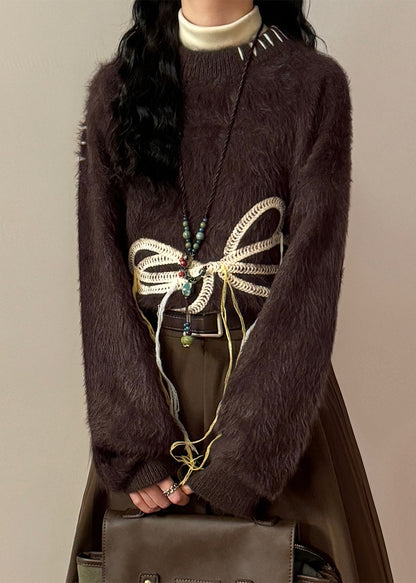 Loose Coffee Bow Thick Mink Hair Knitted Sweater Winter