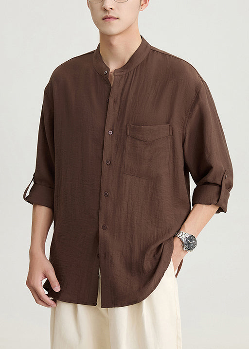 Loose Coffee Button Pockets Cotton Men Shirts Spring
