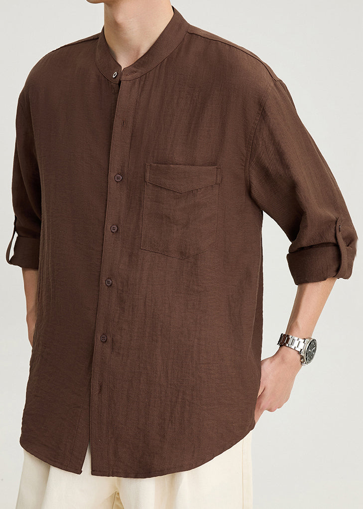 Loose Coffee Button Pockets Cotton Men Shirts Spring