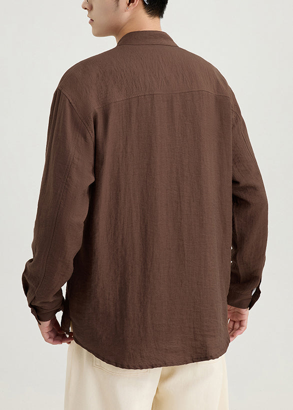 Loose Coffee Button Pockets Cotton Men Shirts Spring