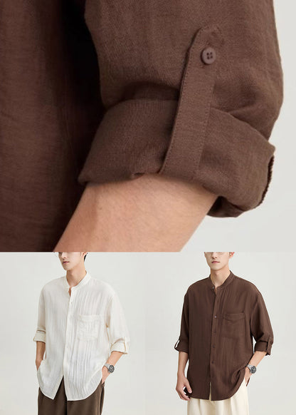 Loose Coffee Button Pockets Cotton Men Shirts Spring