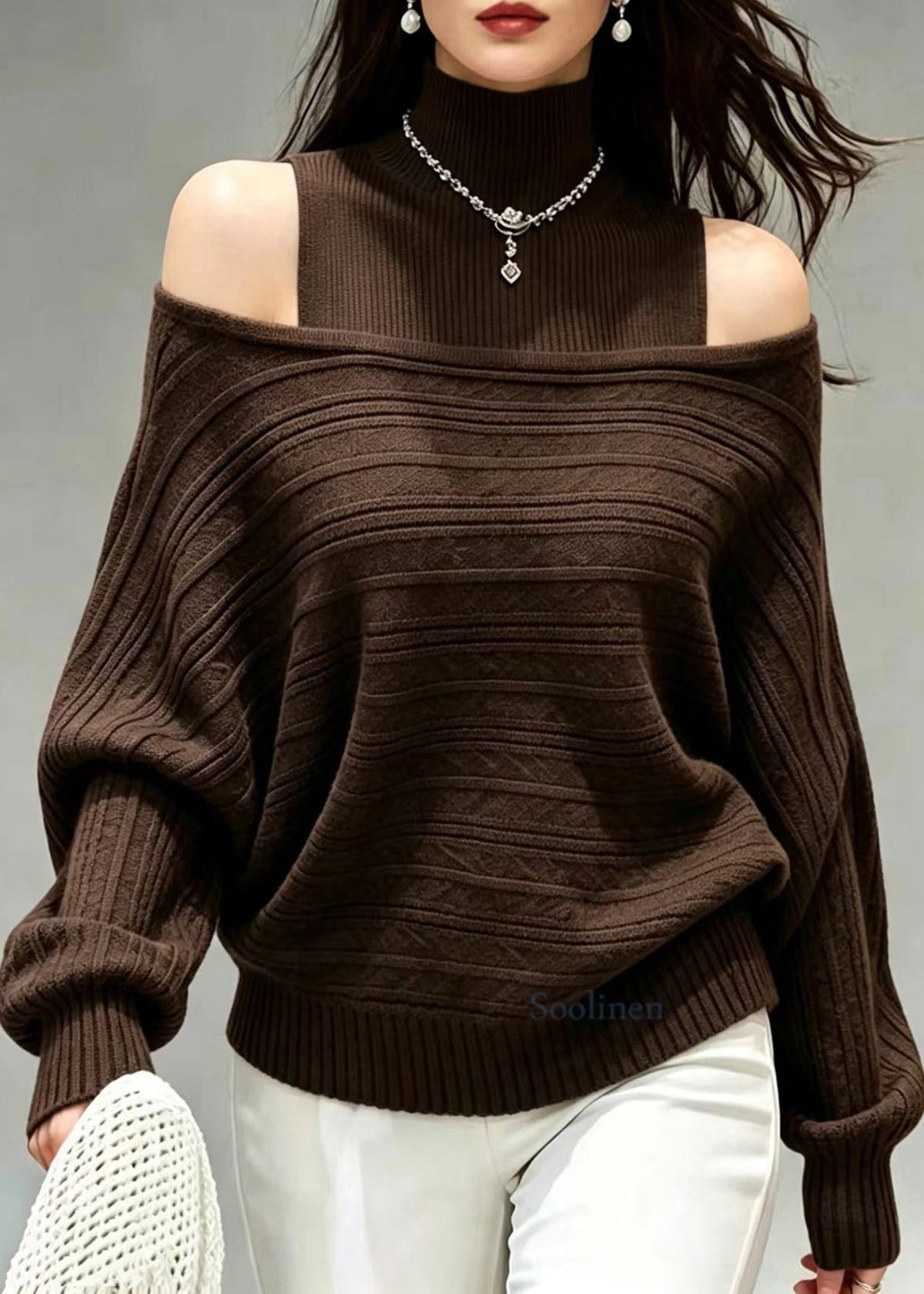 Loose Coffee Cold Shoulder Knit Vest And Sweater Two Pieces Set Fall