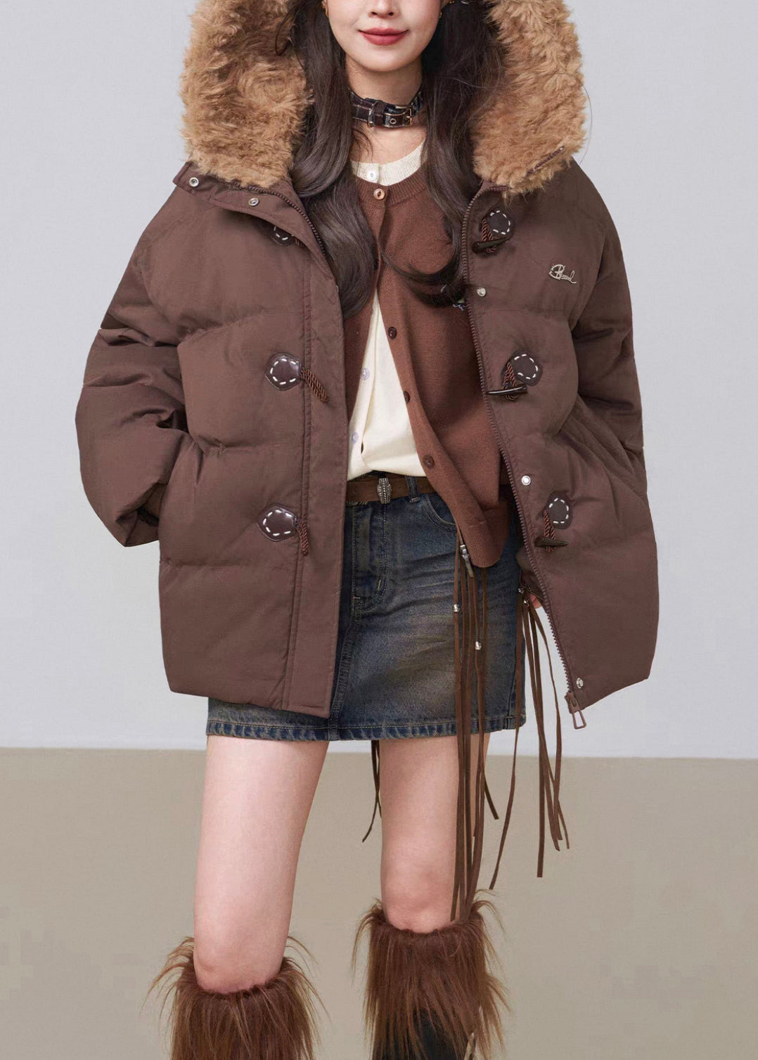 Parka de invierno holgada con capucha y cordón de algodón con patchwork para café