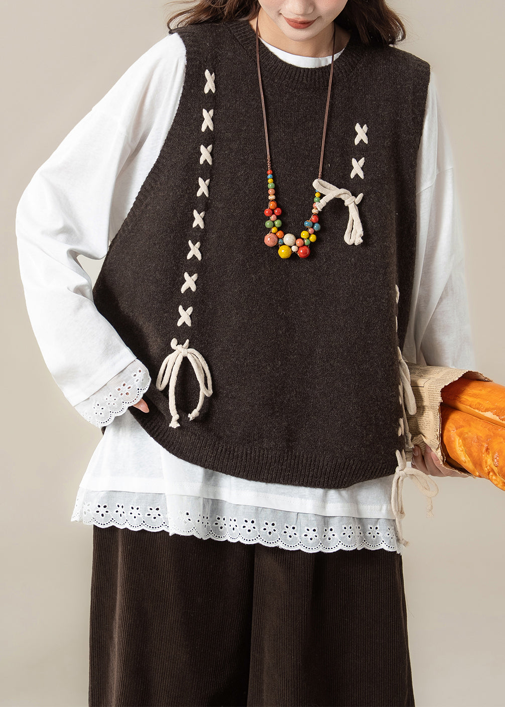 Loose Coffee Lace Up Knit Vest And White Cotton T Shirt Two Piece Set Spring