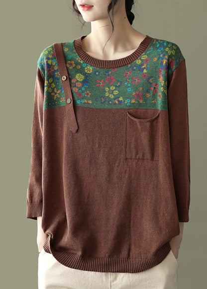 Lose Schokolade O-Ausschnitt Knopf Patchwork Print Strickoberteile Langarm