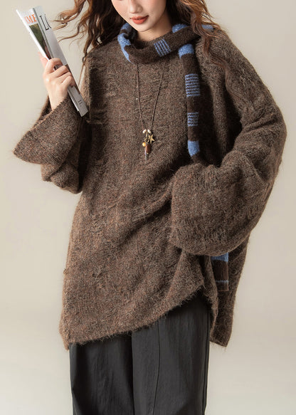 Loose Coffee O Neck Cozy Knit Sweater Tops Spring