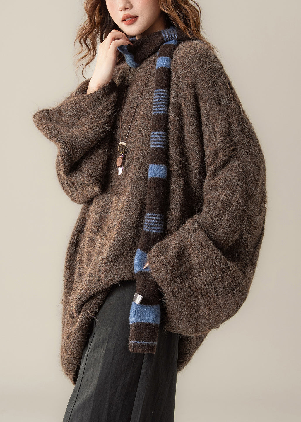 Loose Coffee O Neck Cozy Knit Sweater Tops Spring