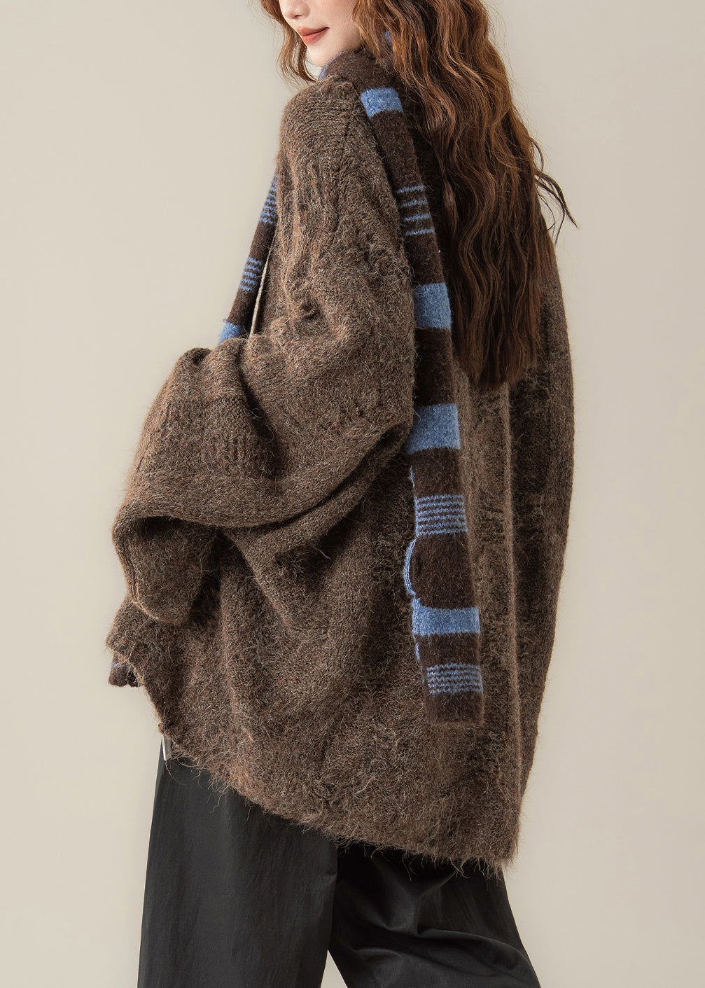 Loose Coffee O Neck Cozy Knit Sweater Tops Spring