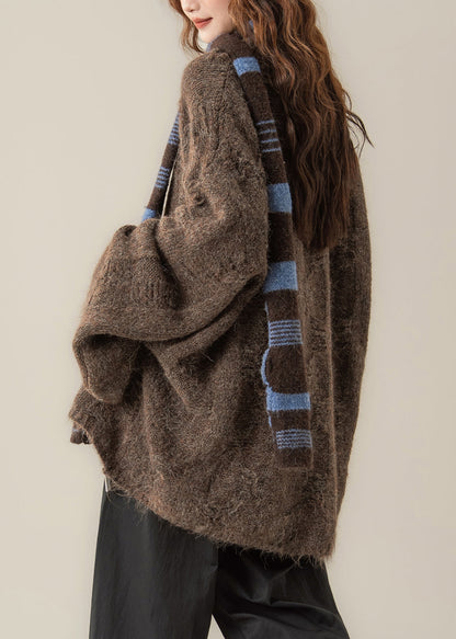 Loose Coffee O Neck Cozy Knit Sweater Tops Spring