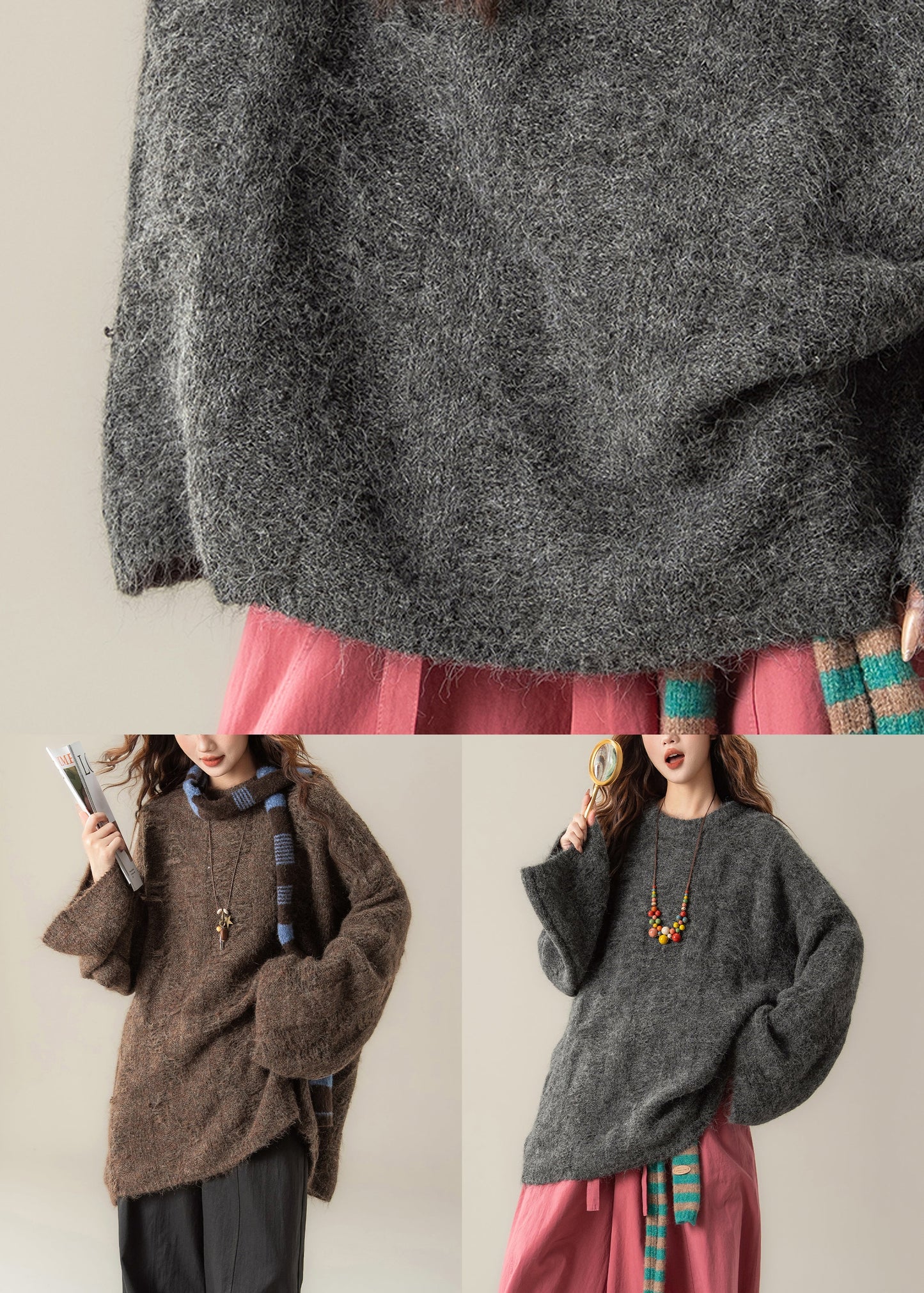Loose Coffee O Neck Cozy Knit Sweater Tops Spring