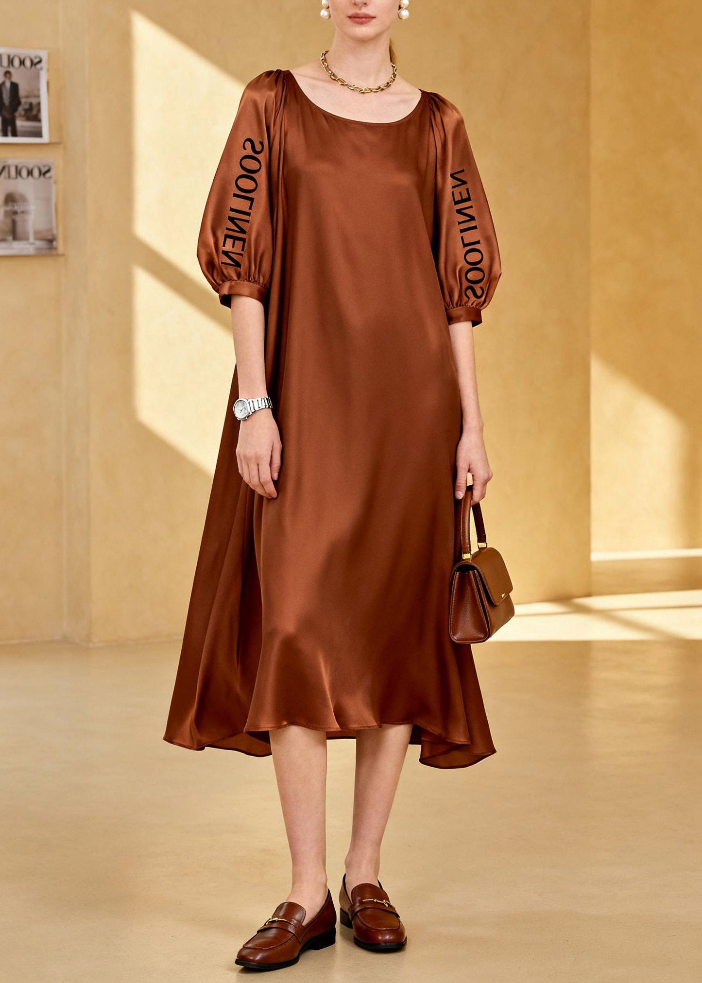 Loose Coffee O-Neck Graphic Silk Maxi Dress Summer
