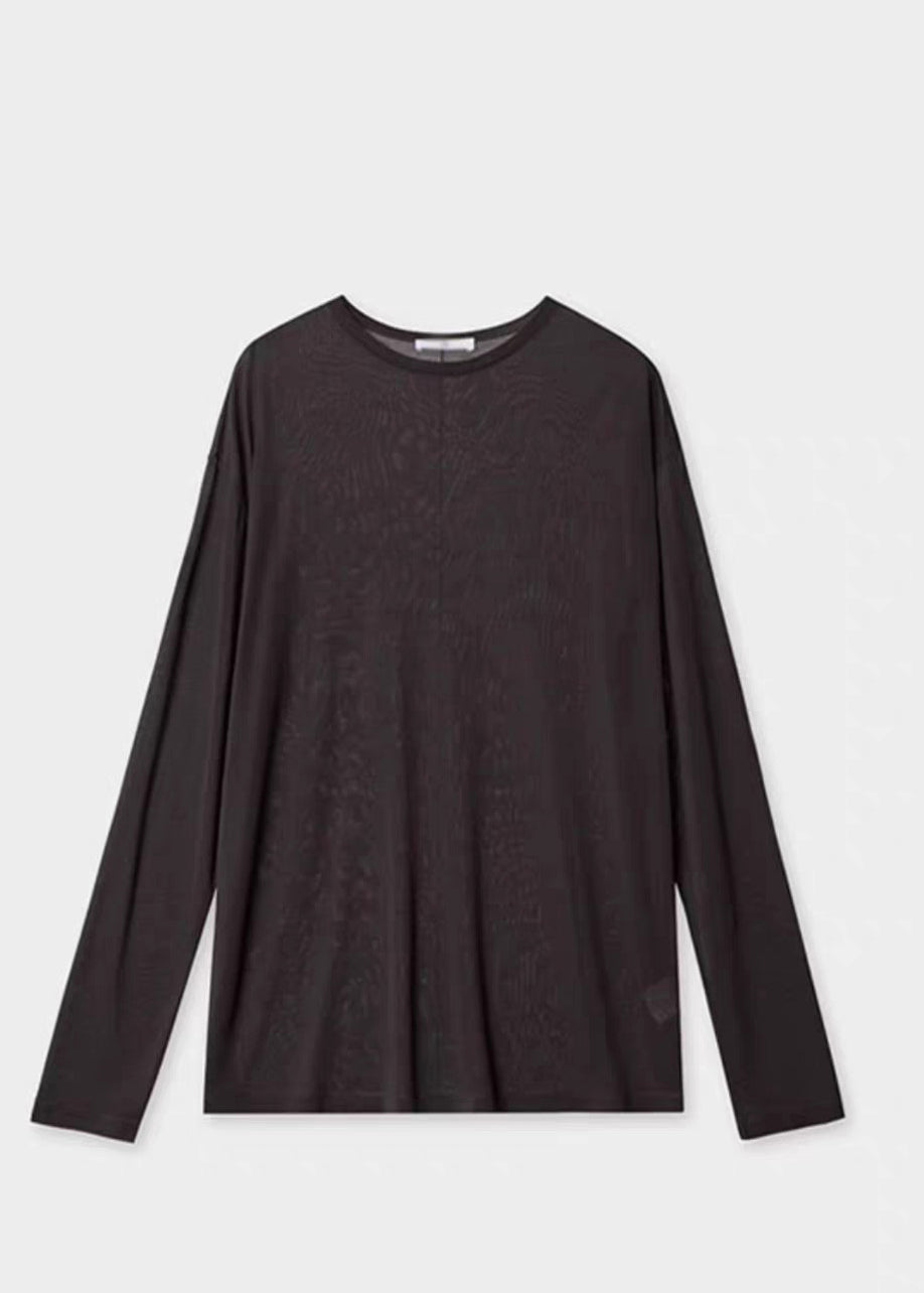 Loose Coffee O-Neck Patchwork Silk T Shirt Spring