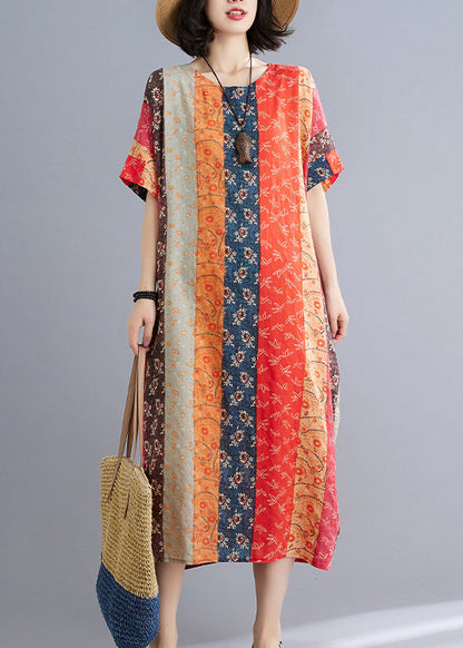 Lose Schokoladenorange O-Ausschnitt Print Strandkleider Kurzarm