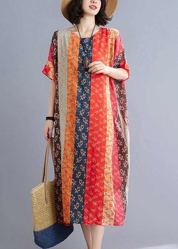 Lose Schokoladenorange O-Ausschnitt Print Strandkleider Kurzarm