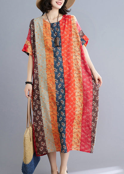 Lose Schokoladenorange O-Ausschnitt Print Strandkleider Kurzarm