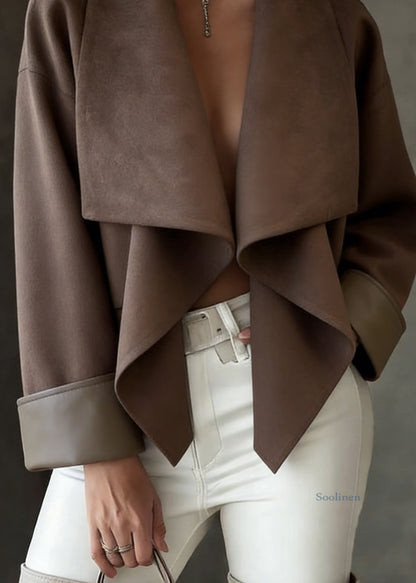 Loose Coffee Peter Pan Collar Faux Suede Solid Coats Spring